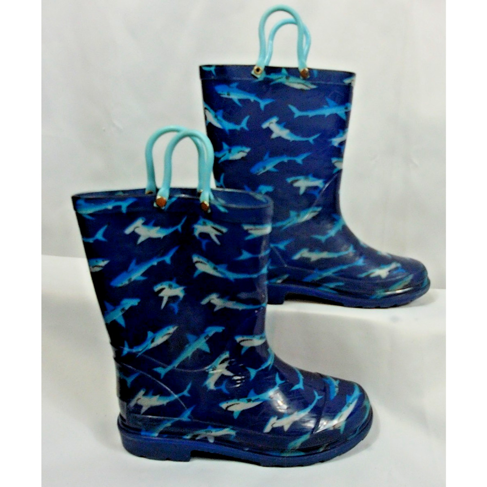 Boy's Shark Theme Rain Boots Size 5 Waterproof Durable Pullon Straps Skid Proof